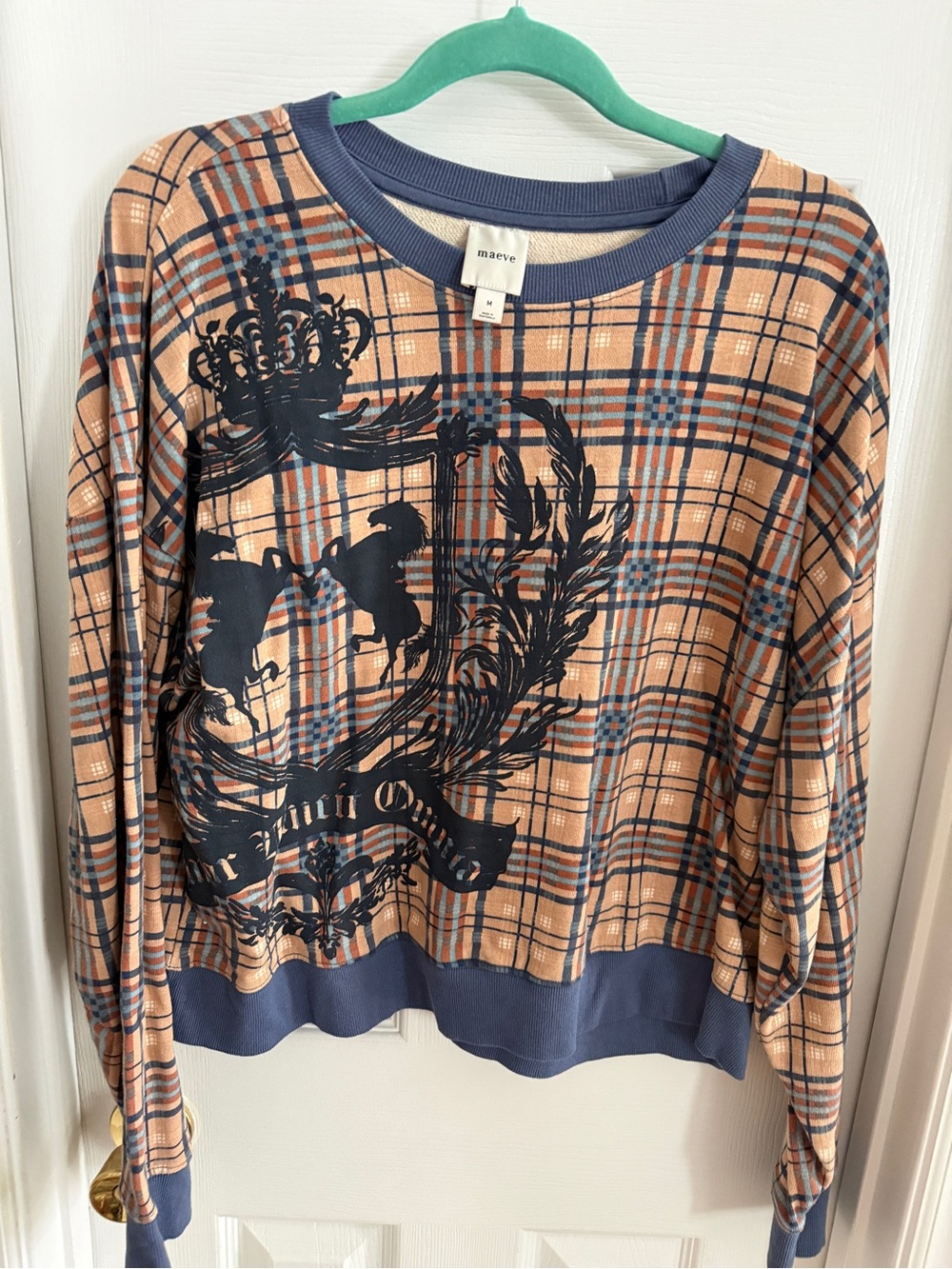 Maeve Peach Plaid Pullover with Navy Crest